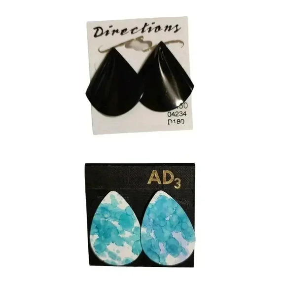 Vintage 1 Turquoise Tear Drop and 1 Black Fan Post Earrings - Picture 1 of 3